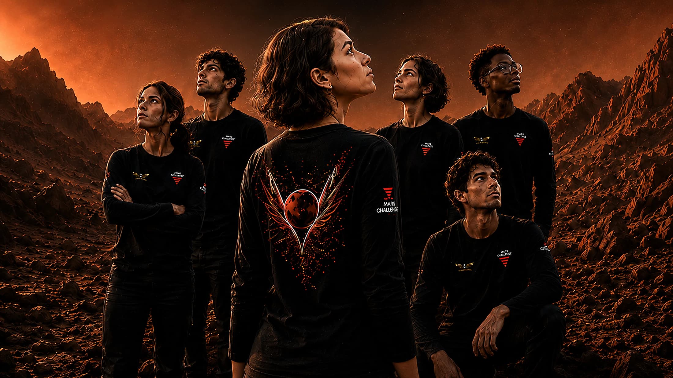 Equipo de Mars Challenge mirando la Tierra desde Marte, con la camiseta de la misión