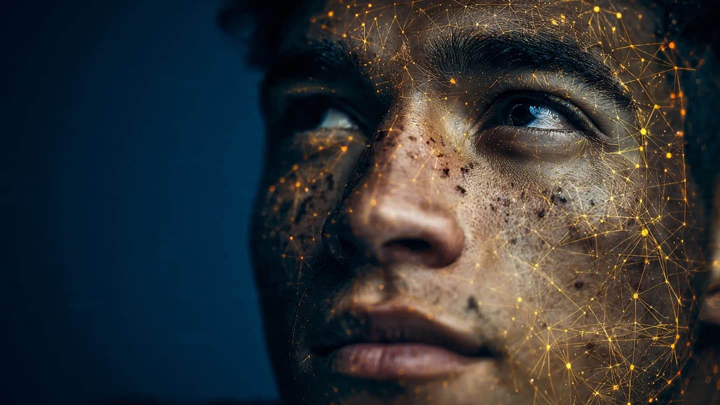 Retrato de una persona con una red de datos superpuesta, símbolo de la conversación humana ante el cambio
