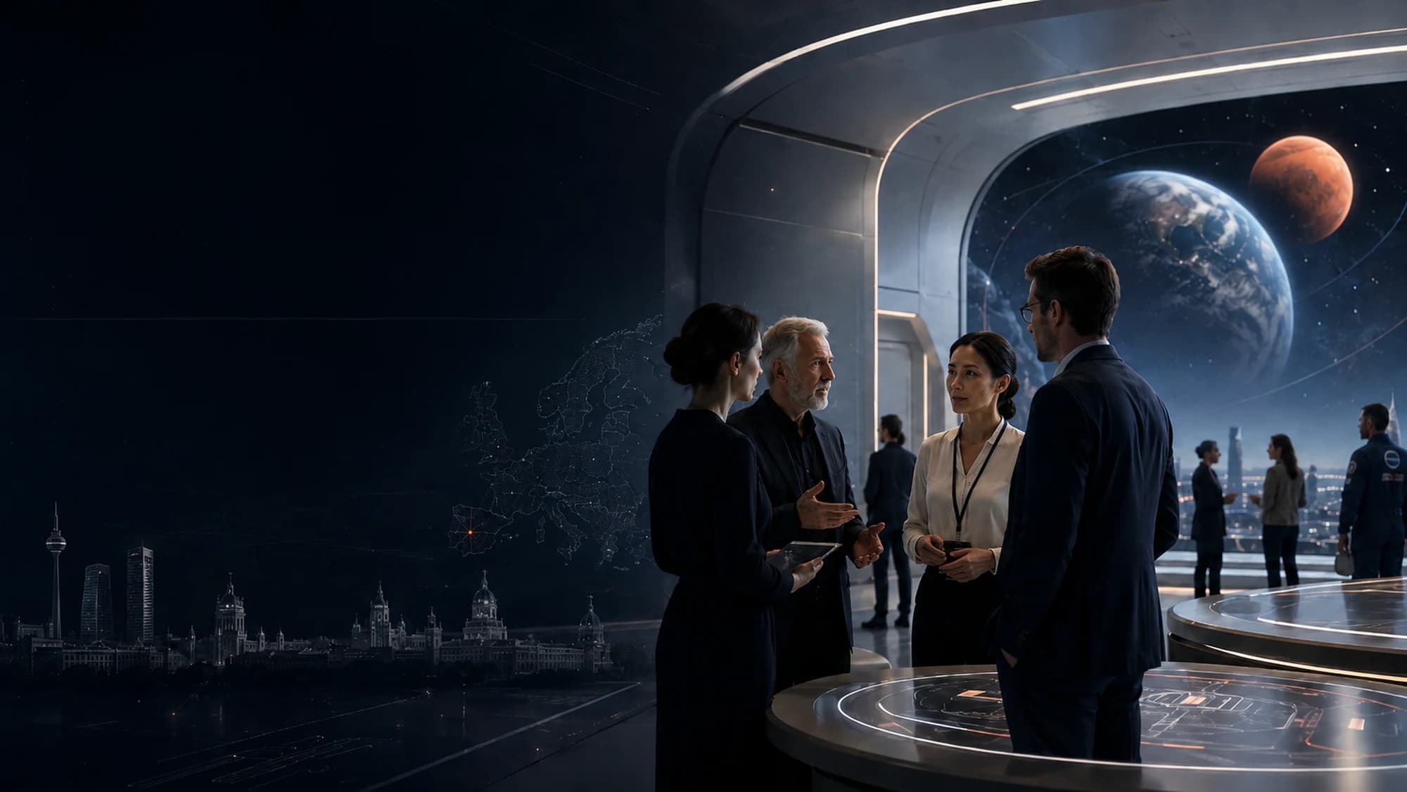 Profesionales conversando frente a una vista de la Tierra y Marte, con el perfil de Madrid al fondo