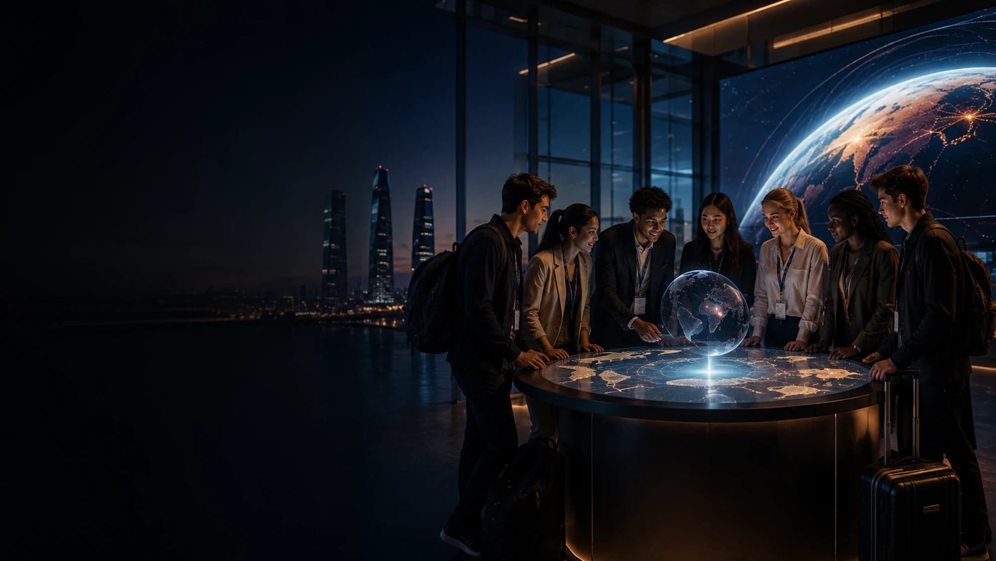 Jóvenes de distintos países alrededor de un globo holográfico