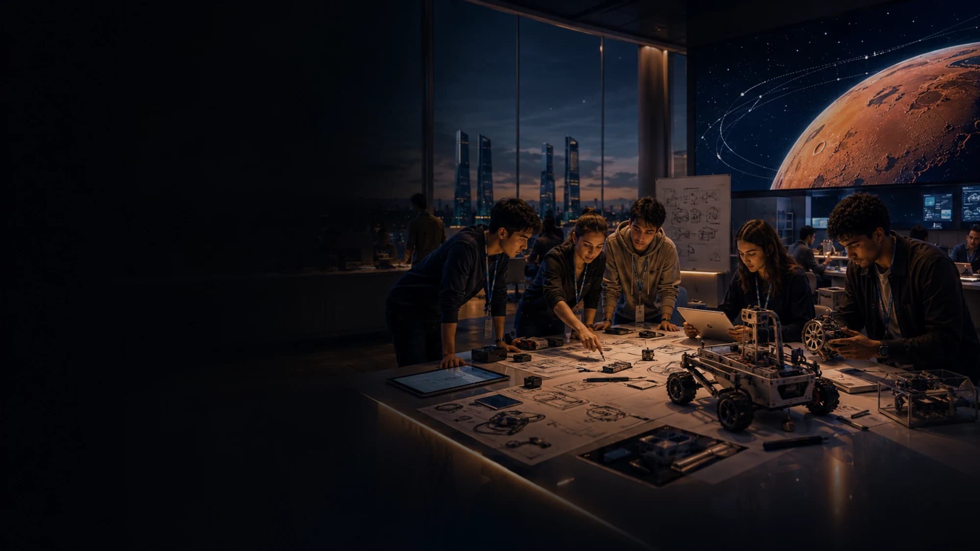 Equipo trabajando en un prototipo con la Tierra y Marte de fondo (sin revelar soluciones 2026)