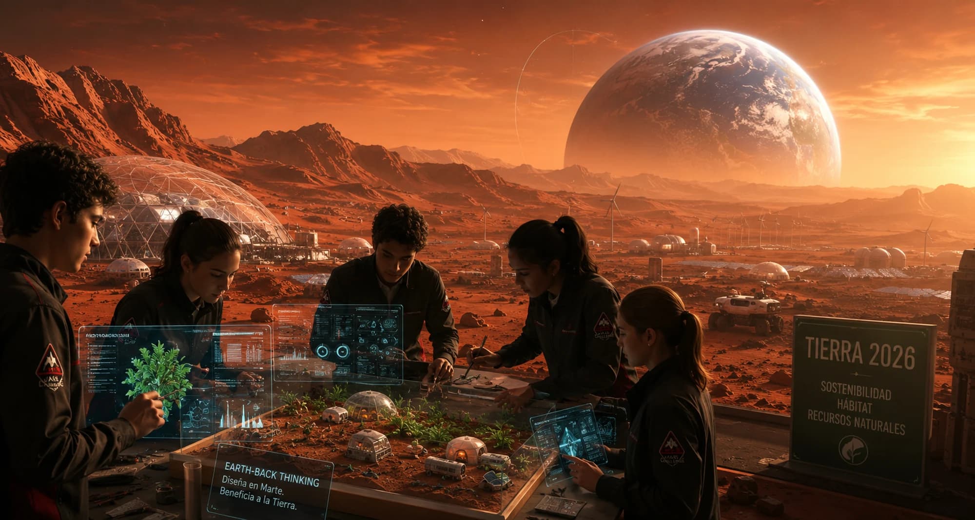 Equipo trabajando en un hábitat marciano bajo el lema Earth-Back Thinking, con la Tierra de fondo