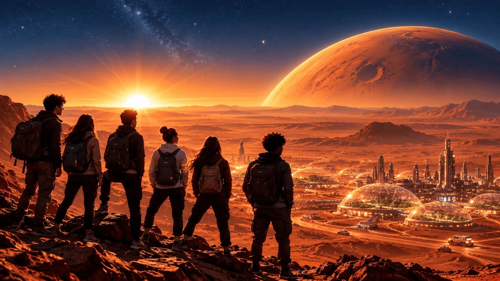 Equipo joven contemplando el amanecer sobre una colonia en Marte
