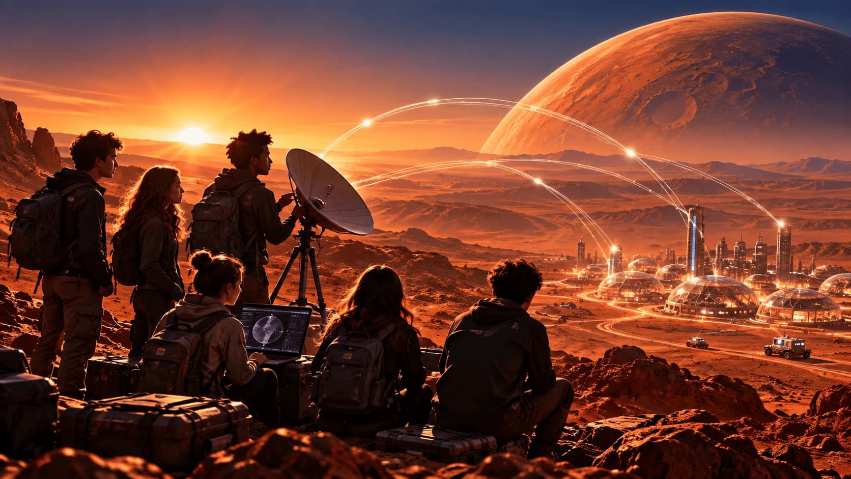 Equipo joven conectando una antena satelital hacia la colonia de Marte