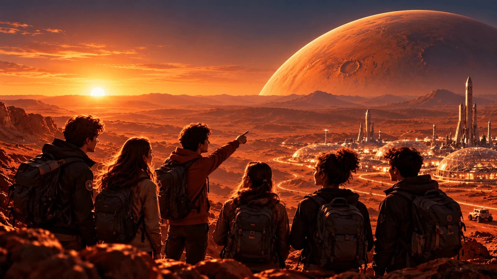 Equipo joven mirando hacia la colonia de Marte al amanecer
