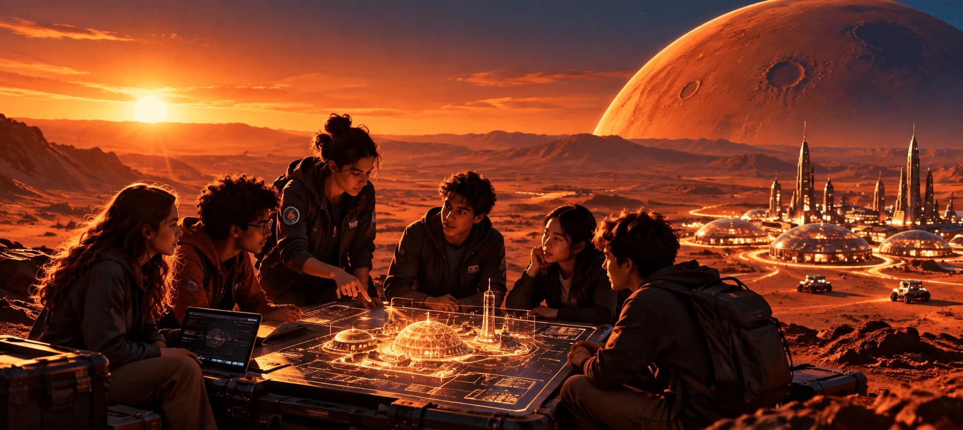 Equipo joven revisando un holograma de un asentamiento en Marte