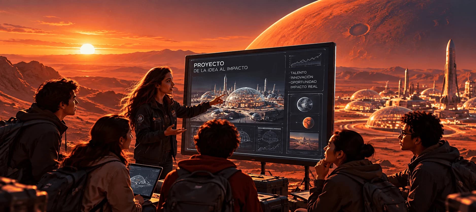 Equipo joven presentando un proyecto frente a una pantalla, con Marte de fondo