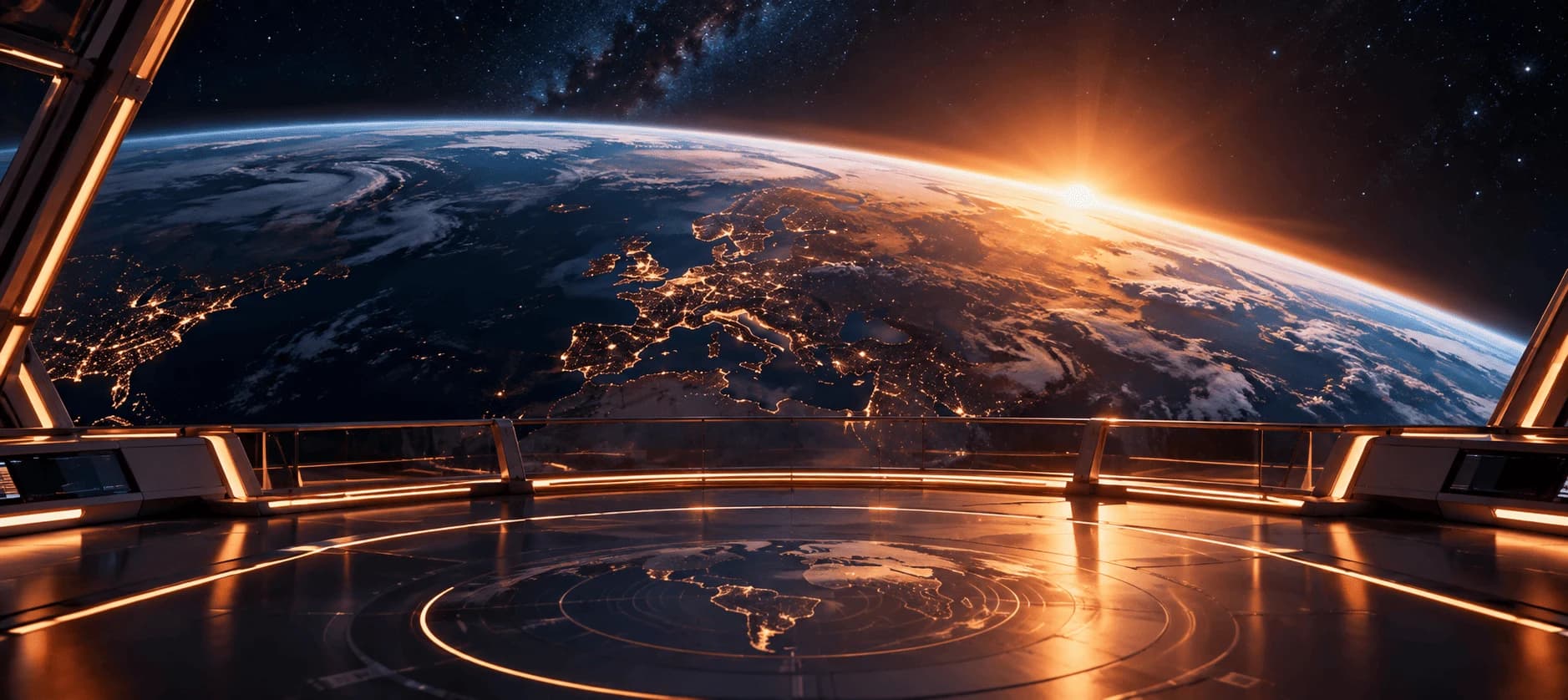 Vista de la Tierra desde una estación espacial al amanecer