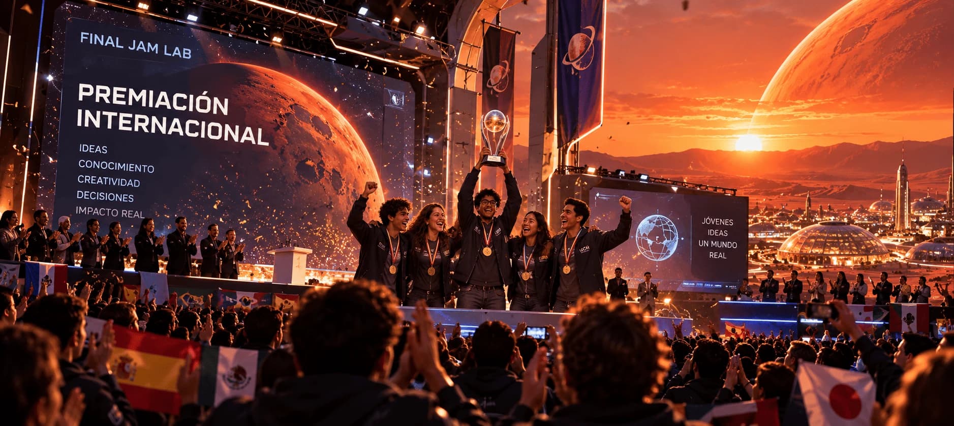 Equipo ganador celebrando con el trofeo en la Premiación Internacional