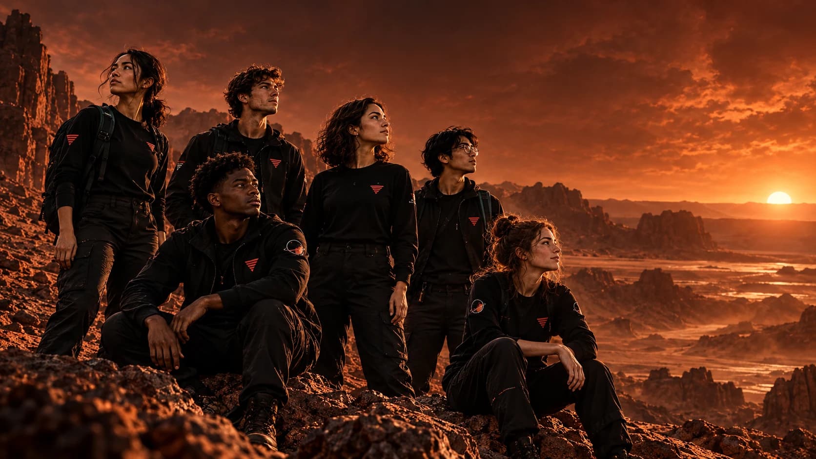 Equipo de Mars Challenge observando el horizonte marciano al atardecer