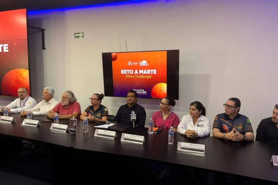 Rueda de prensa de presentación del Reto Marte 2026 en Chiapas, con autoridades e integrantes del comité organizador.