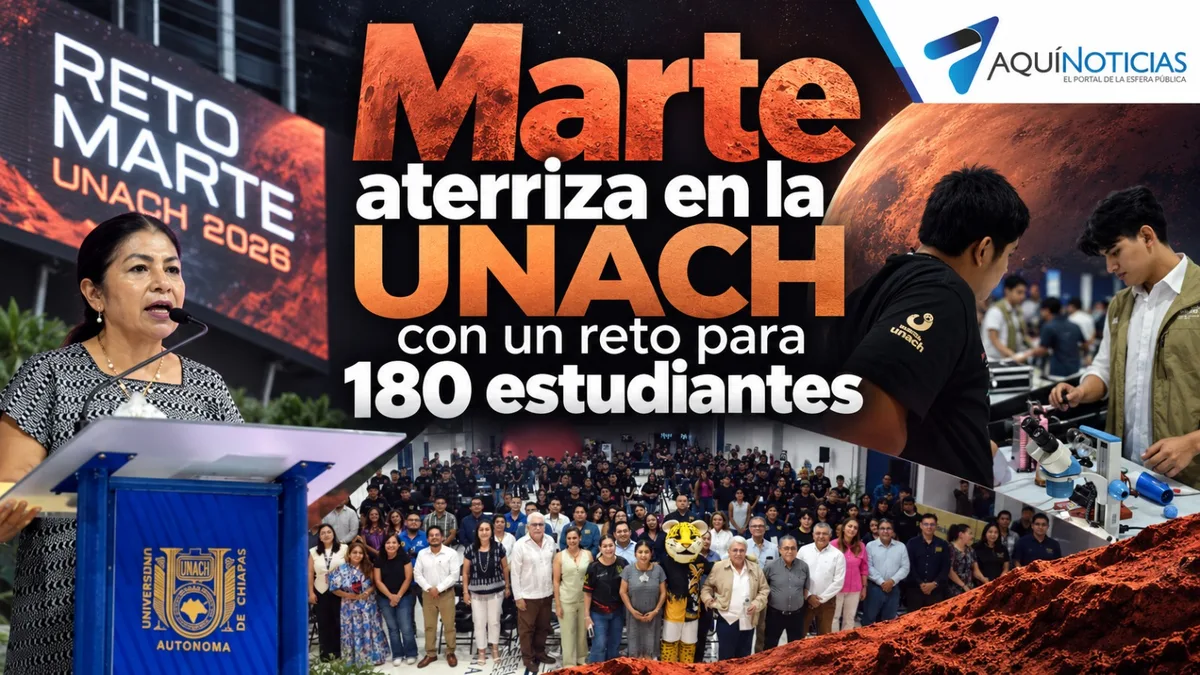 Banner de Reto Marte UNACH 2026 con autoridades universitarias y estudiantes en el evento de lanzamiento.